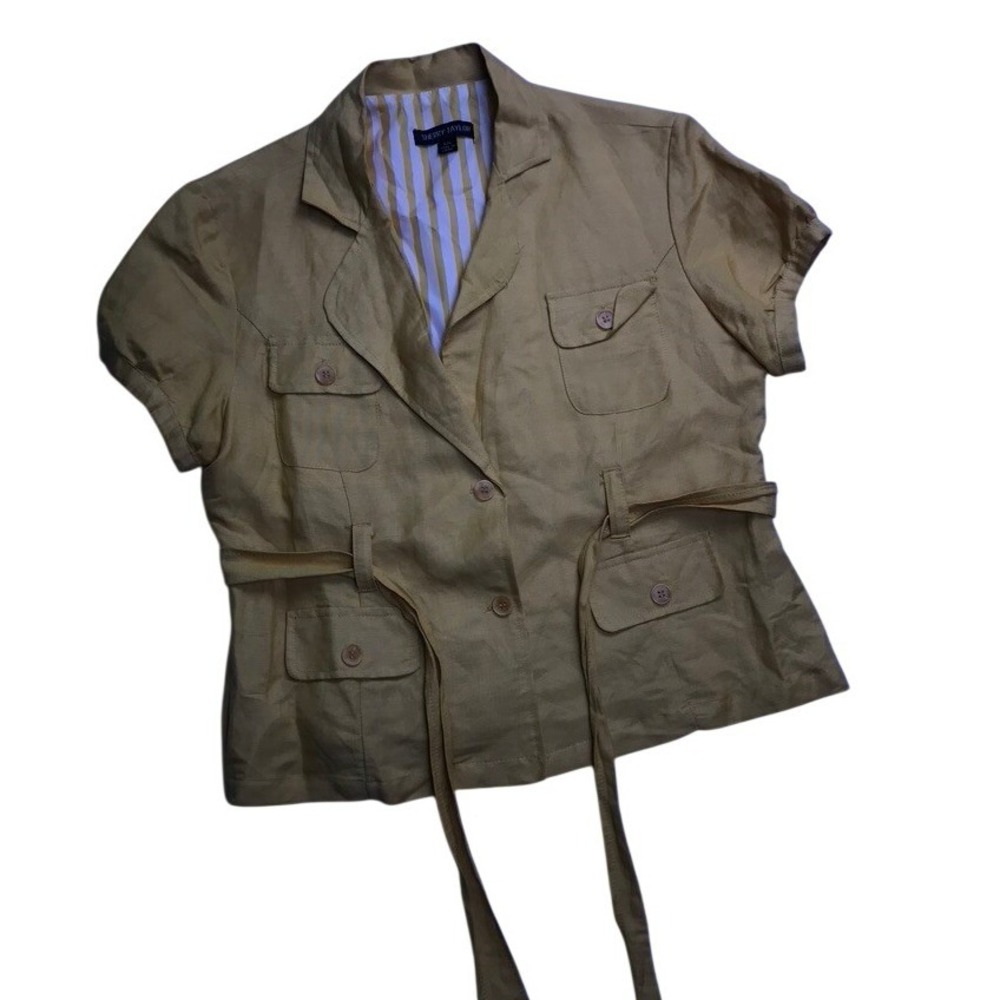Sherry Taylor Mustard Yellow Ramie Rayon Safari Jacket Short Sleeve Belted L Y2K